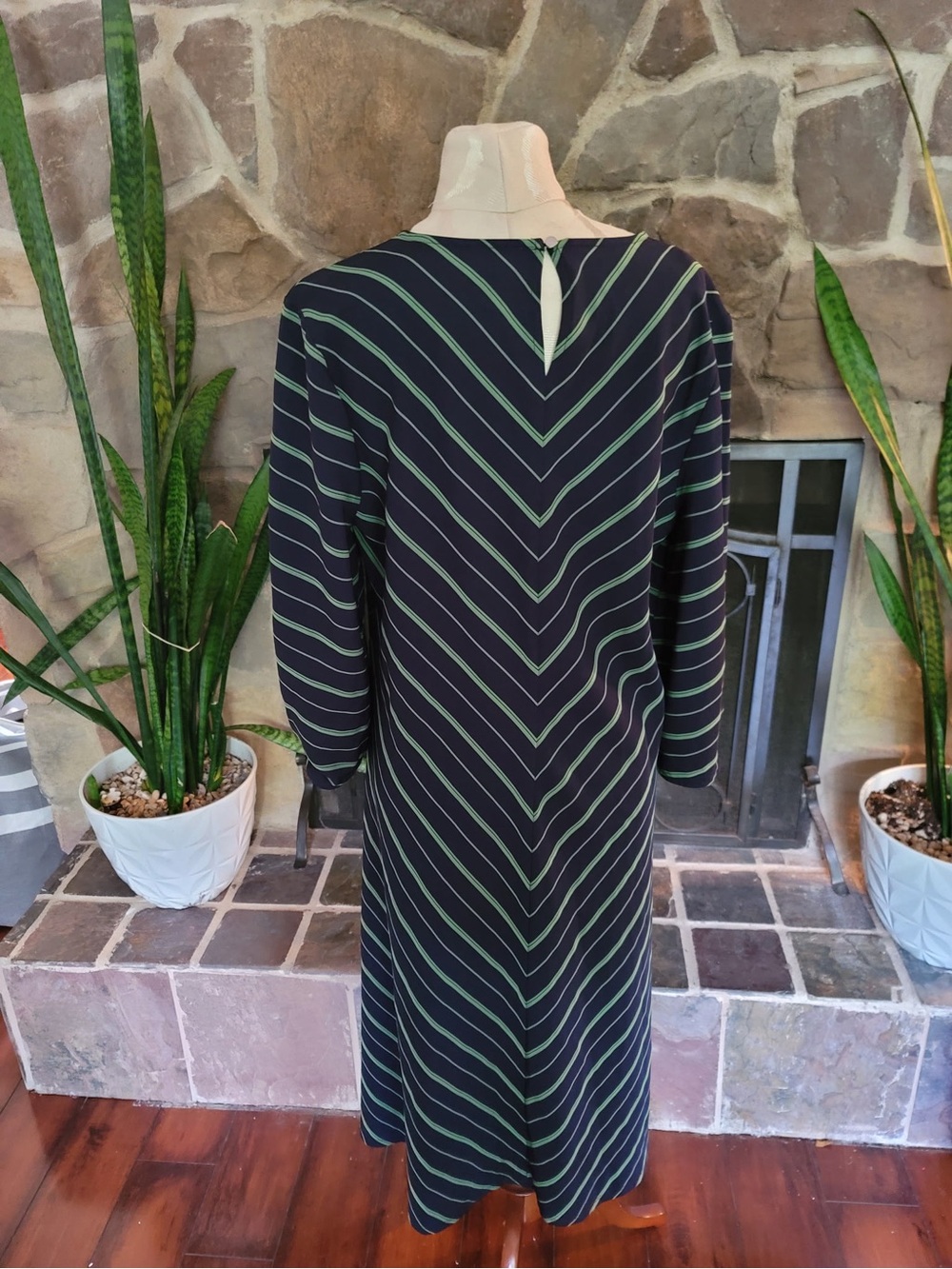 Nine West Navy Green Chevron Stripe Maxi Dress Size XL Long Sleeve Scoop Neck - Picture 7 of 11